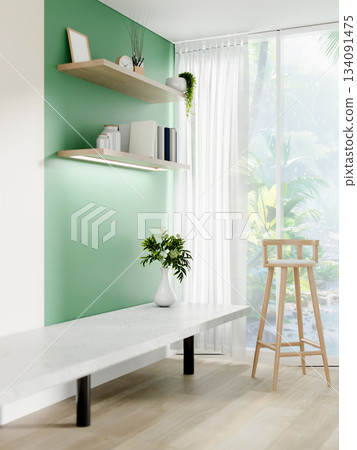 Room with mint green or turquoise wall furnishing with marble table and stool chair on wooden floor. 134091475
