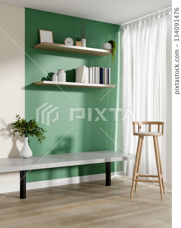 Marble table under shelf and stool chair on wooden floor in a room with mint green or turquoise wall Marble table under shelf and stool chair on wooden floor in a room with mint green or turquoise wall 134091476