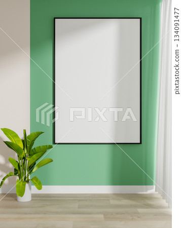 Blank white frame hanging on a mint green or turquoise wall over plant pot on wooden floor corridor. Blank white frame hanging on a mint green or turquoise wall over plant pot on wooden floor corridor. 134091477