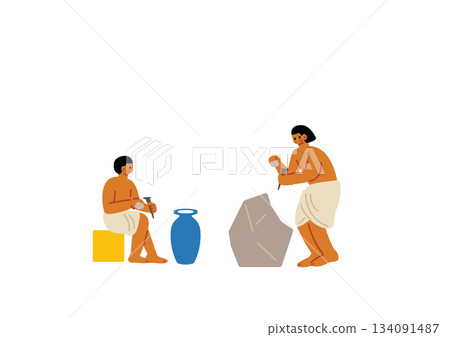 Ancient people making stone tools Ancient people making stone tools 134091487