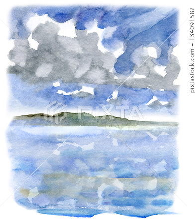 Watercolor seascape with dramatic clouds, soft blue tones, distant shoreline and calm reflective water. Atmospheric coastal illustration perfect for nature designs, travel themes and peaceful 134091582