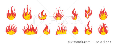 Doodle fire in crayon style. Hand drawn flame with grunge texture. Graphic element ideal for fun collages and stickers. Crayon doodle red fire. Vector pencil illustration isolated on white background Doodle fire in crayon style. Hand drawn flame with grunge texture. Graphic element ideal for fun collages and stickers. Crayon doodle red fire. Vector pencil illustration isolated on white background 134091663