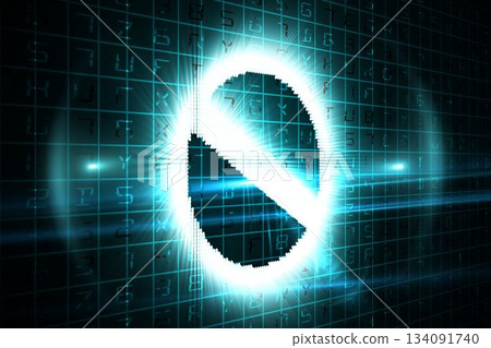 Bright pixelated no-entry symbol is glowing in digital interface over teal grid with diagonal slash 134091740