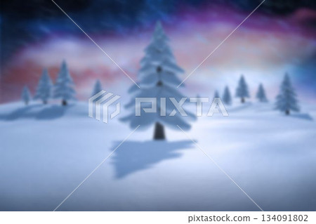Flat design winter scene is featuring lone pine casting shadow on snowdrifts under aurora lights 134091802