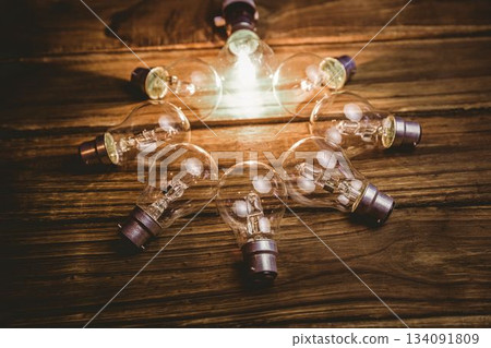 High angle view of illuminated light bulb High angle view of illuminated light bulb 134091809