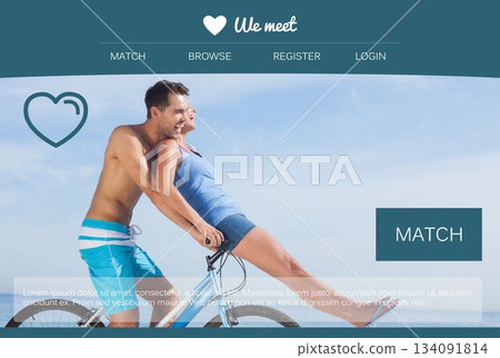 Couple riding bicycle along shoreline in flat design UI with heart logo, match button, text strip Couple riding bicycle along shoreline in flat design UI with heart logo, match button, text strip 134091814