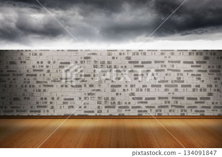flat design showing interior polished wood floor and whitewashed wall under dark storm clouds flat design showing interior polished wood floor and whitewashed wall under dark storm clouds 134091847
