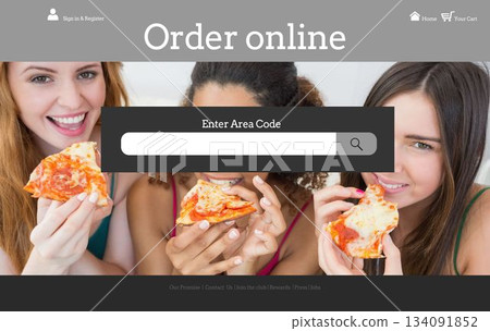 Friends are sharing pepperoni pizza on flat design page showing order online interface, copy space 134091852