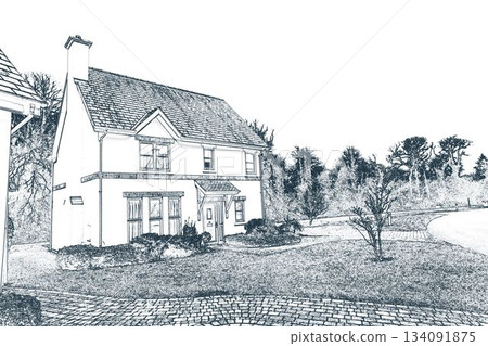 Two-story house is being shown in line-art illustration, with shingle roof and curved driveway 134091875