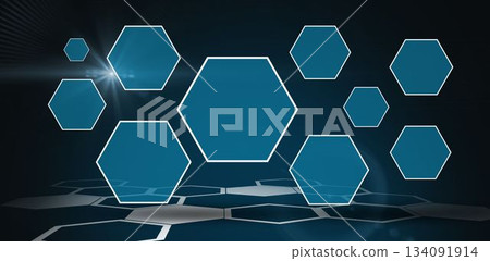 Large central hexagon panel floating above tiled floor in futuristic interface casting soft flare 134091914