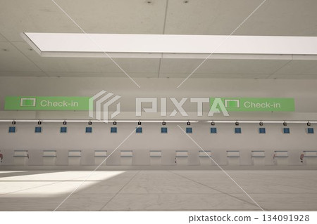 Row of check-in counters is featuring green overhead signs with suitcase icons in flat design 134091928