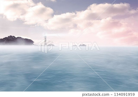 Flat design showing glowing lighthouse standing on rocky islet under pastel clouds over calm ocean Flat design showing glowing lighthouse standing on rocky islet under pastel clouds over calm ocean 134091959