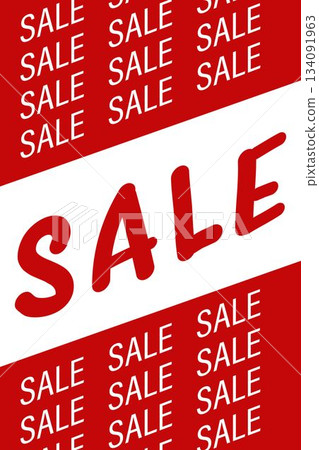 Large red SALE lettering is dominating flat design ad with diagonal stripes and repeating SALE text 134091963