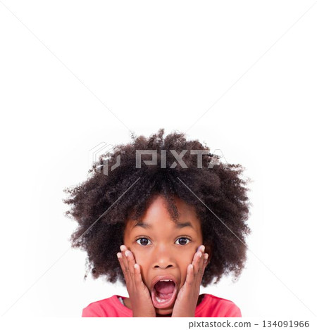 Surprised child is pressing hands against cheeks in white studio, flat design showing red shirt Surprised child is pressing hands against cheeks in white studio, flat design showing red shirt 134091966