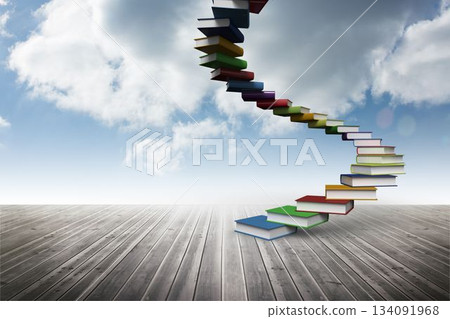 Surreal flat design showing colorful books forming spiral staircase above deck under cloudy sky 134091968