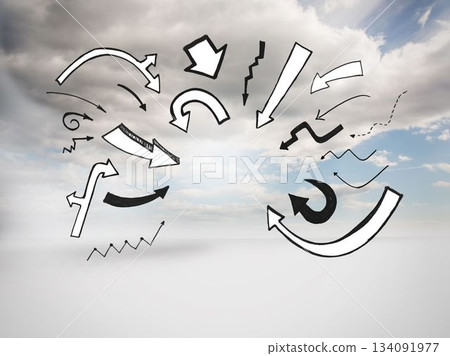 Conceptual graphic is showing hand-drawn arrows swirling in cloudy sky backdrop Conceptual graphic is showing hand-drawn arrows swirling in cloudy sky backdrop 134091977