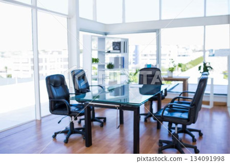 Glass meeting table and black swivel chairs are appearing in flat design office with potted plants 134091998