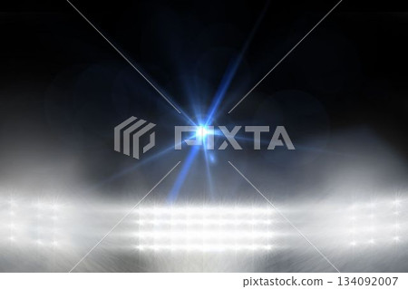 Bright blue-white spotlight is creating lens flare in 3D render with fog, floodlights, copy space Bright blue-white spotlight is creating lens flare in 3D render with fog, floodlights, copy space 134092007