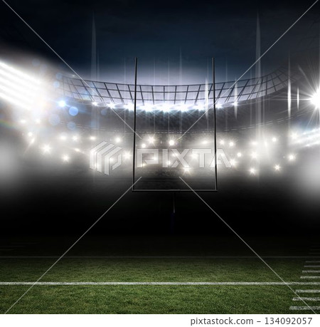 American football goalpost is standing in night stadium vector art, with floodlights and turf 134092057