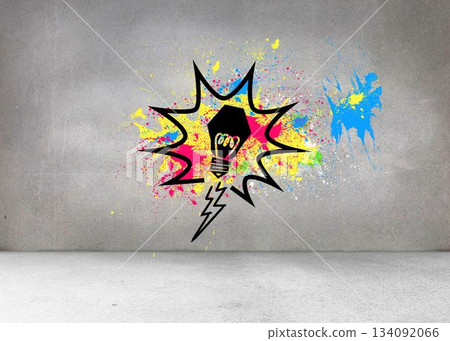 Light bulb on splashes on grey wall 134092066