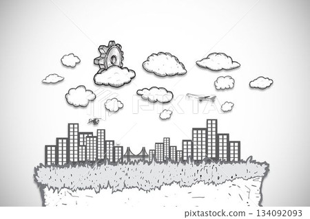 Showing monochrome sketch grass island with skyline, bridge, gear cloud and aircraft copy space 134092093