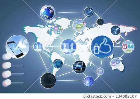 Tech nodes with thumbs-up, smartphone, lock are connecting across digital world map in flat design 134092107