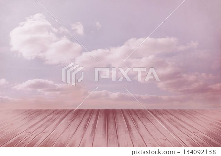 Painted pink wooden plank deck is blending into pastel sky with fluffy clouds in flat design 134092138