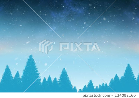Flat design winter forest scene showing silhouetted pine trees under falling snow and starry sky Flat design winter forest scene showing silhouetted pine trees under falling snow and starry sky 134092160