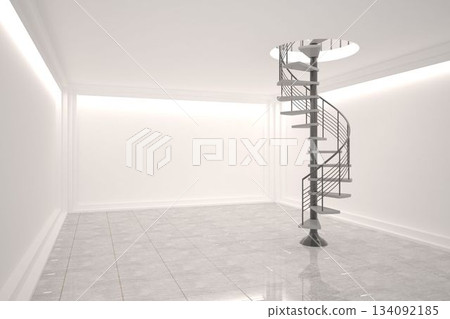 Digitally generated room with winding staircase 134092185