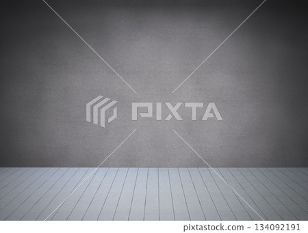 Empty textured gray wall and plank floor are creating flat design studio backdrop, copy space 134092191
