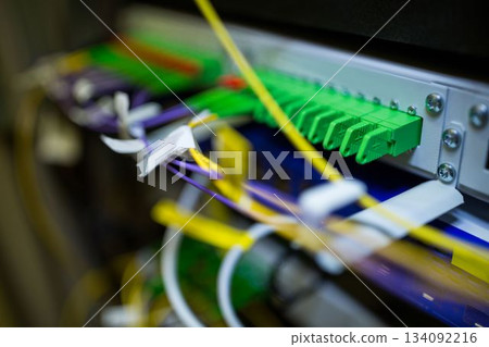Fiber optic patch panel is displaying green ports and colored cables on rack in flat design 134092216