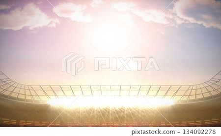 Flat design open-air stadium is showcasing curved canopy with floodlights, stands and railings 134092278
