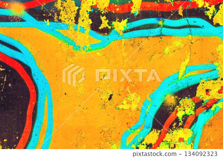 Bold Abstract Graffiti Wall in Yellow, Blue, Orange for Vibrant Urban 90s Style Bold Abstract Graffiti Wall in Yellow, Blue, Orange for Vibrant Urban 90s Style 134092323