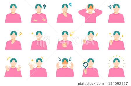 一組年輕男性的臉部表情，包括憂慮和快樂。扁平化設計。 134092327