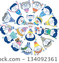 Multigenerational and diverse community of people: Vector illustrations of children, elderly people, foreigners, wheelchair users, and guide dogs 134092361