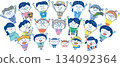 Multigenerational and diverse community of people: Vector illustrations of children, elderly people, foreigners, wheelchair users, and guide dogs 134092364