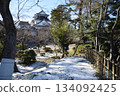 Snowy park / New Year's card material - A winter morning stroll through the castle park and Japanese garden, covered in the first snow of the season 134092425