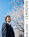 AI-generated image of a man in a suit and cherry blossoms 134092456