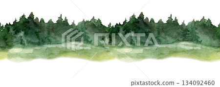 Watercolor seamless forest border with deep green trees, soft mist and natural gradient tones. Ideal for eco designs, packaging, children s products, prints, textiles, invitations and branding Watercolor seamless forest border with deep green trees, soft mist and natural gradient tones. Ideal for eco designs, packaging, children s products, prints, textiles, invitations and branding 134092460