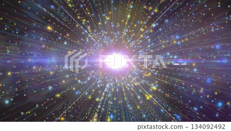 Image of bright light burst with colorful particles radiating dynamically Image of bright light burst with colorful particles radiating dynamically 134092492