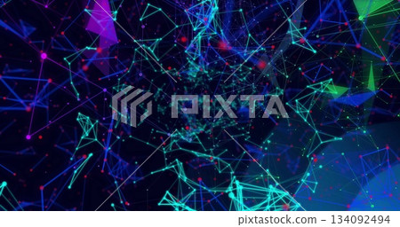 Pulsing abstract network forming 3D web in dark virtual space, with glowing nodes lines shapes Pulsing abstract network forming 3D web in dark virtual space, with glowing nodes lines shapes 134092494