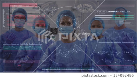 Healthcare professionals in surgical attire with data processing image overlay 134092496