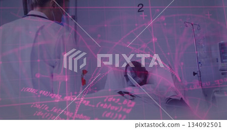 Monitoring woman doctor assessing breathing via oxygen mask on hospital bed displaying data overlay 134092501