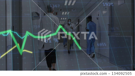 Walking in hospital, healthcare professionals with image of data graph overlay Walking in hospital, healthcare professionals with image of data graph overlay 134092505