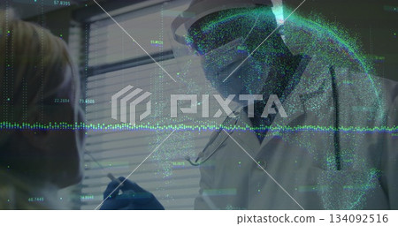 Healthcare professional conducting test with data processing image overlay in lab Healthcare professional conducting test with data processing image overlay in lab 134092516