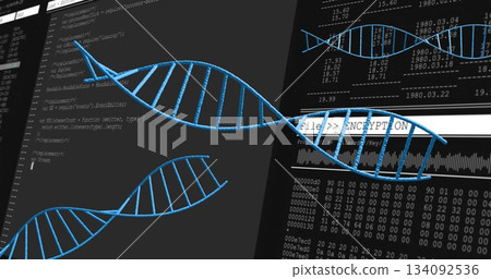 Showing large glowing blue DNA helix floating on digital UI with code, encryption and waveform 134092536