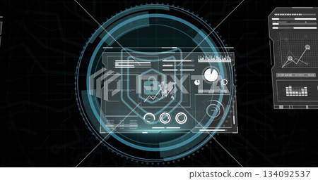 Projecting central holographic cybersecurity interface on dark grid, with shield icon and padlock 134092537