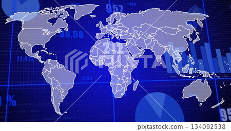 World map with data processing image over blue background and pie chart 134092538
