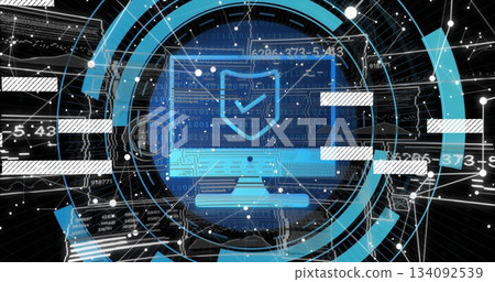 Stylized monitor showing shield and checkmark in cyberspace with rings, nodes and binary code 134092539