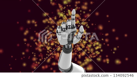 Pointing robotic arm and hand upward in abstract digital environment, glowing sparks floating Pointing robotic arm and hand upward in abstract digital environment, glowing sparks floating 134092546